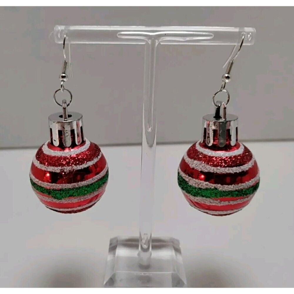Christmas Ornament Red Green White Ball Earrings Mini Vintage Style Glitter